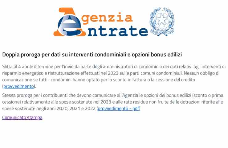 comunicato Agenzia delle Entrate 