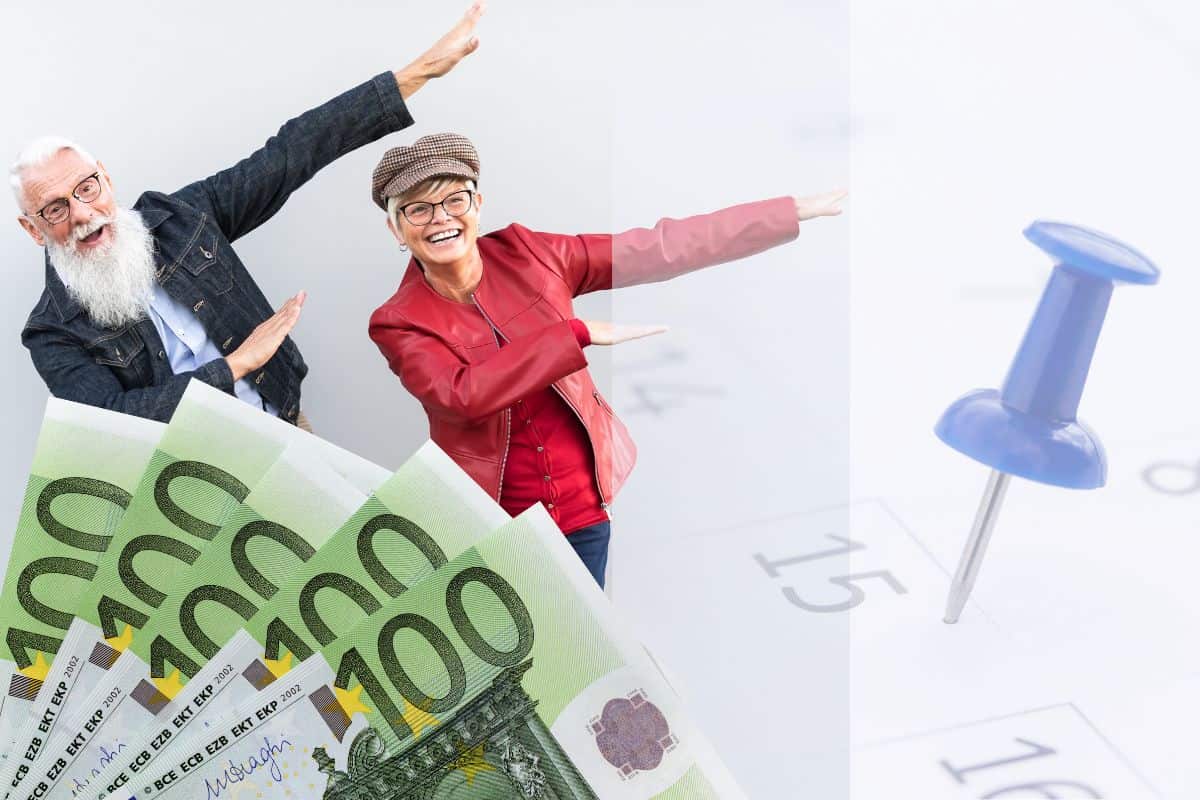 Persone anziane felici, un calendario e banconote da 100 euro