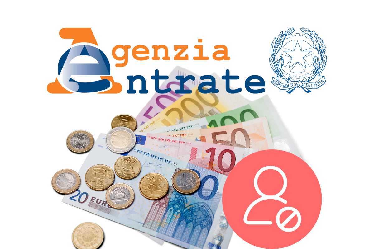 Logo agenzia delle entrate, banconote  e monete euro, omino simbolo blocco