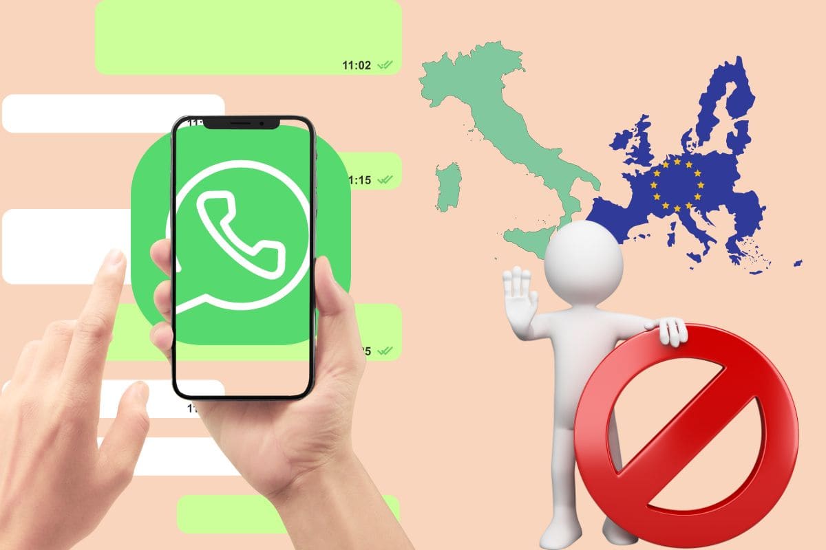 Smartphone con all'interno logo whatsapp, immagine Italia e Europa con omino che tiene segnale stop
