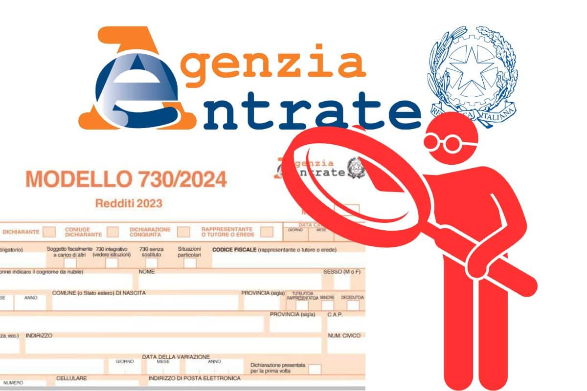 Modello 730 con scritta Agenzia delle Entrate e un omino con la lente di ingrandimento