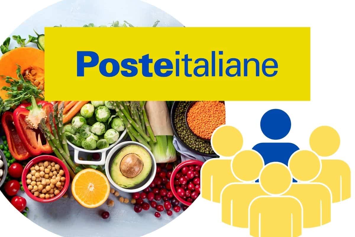 Logo Poste Italiane, con cibo salutare e omini stilizzati