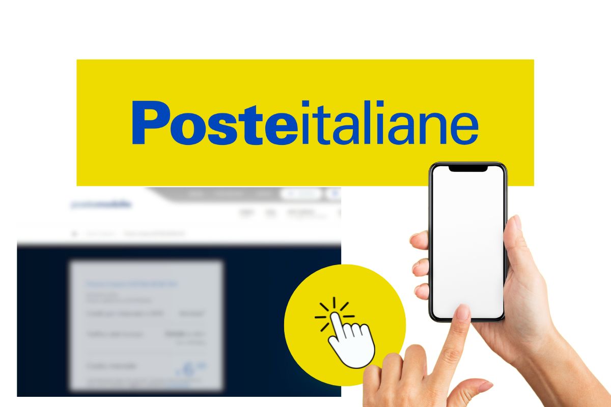 Logo Poste italiane con screen offuscato della promo postemobile e due mani con uno smartphone dallo schermo bianco