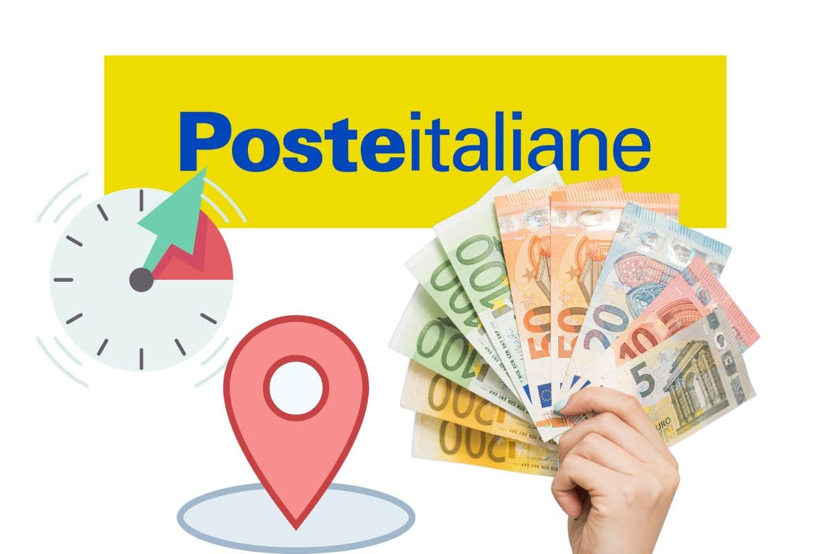 Logo poste italiane con mano che tiene banconote e orologio che scandisce tempo