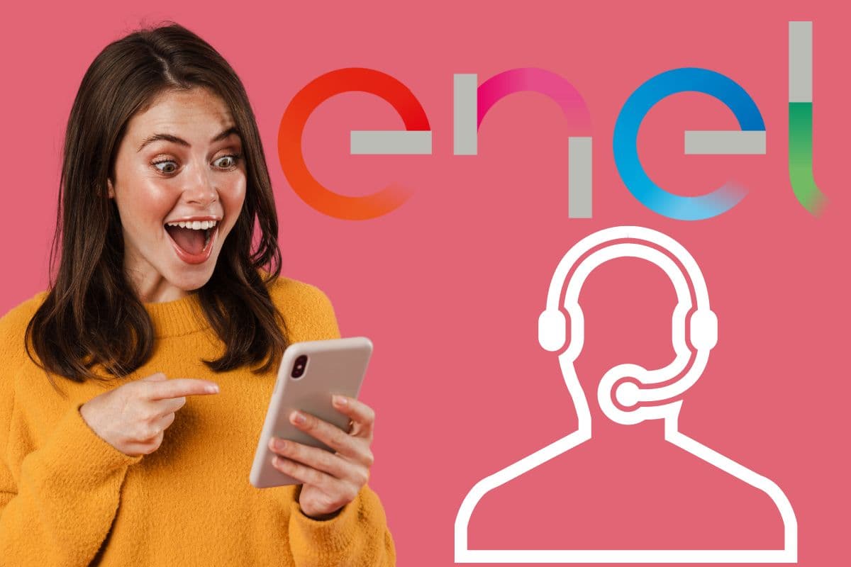 Ragazza sorpresa al telefono, logo enel e logo operatore telefonico