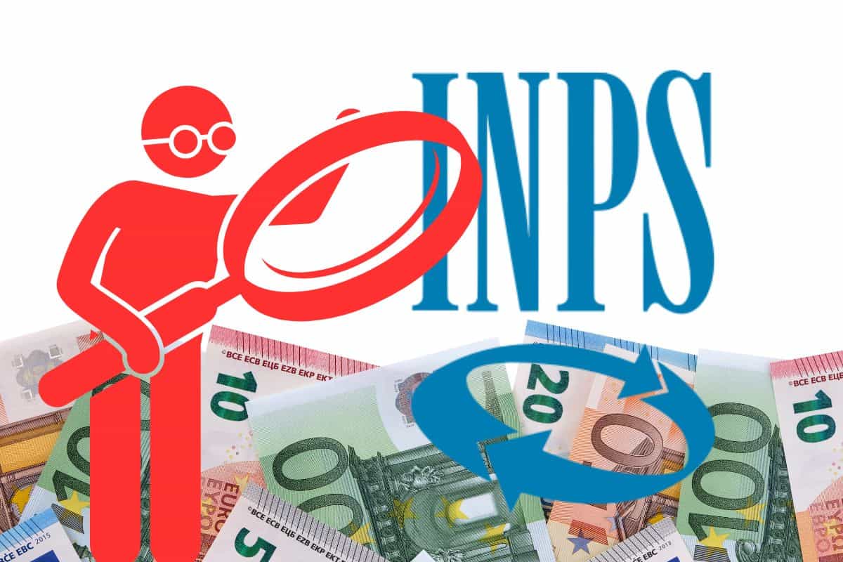 Banconote euro in fondo in basso, un omino con la lente di ingrandimento e il logo dell'INPS