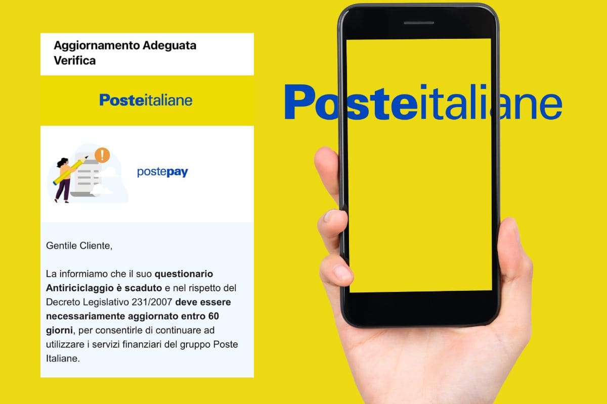 Screen email PosteItaliane e logo inquadrato da una mano che tiene uno smartphone