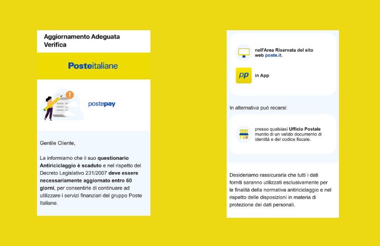 Screen Email Poste Italiane sull'Antiriciclaggio 