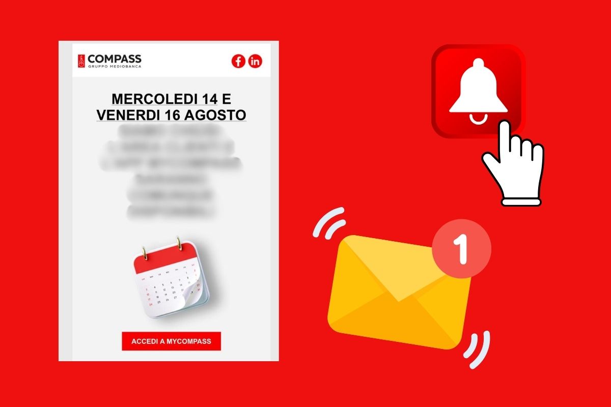 Screen email Compass con il logo del messaggio e un cursore che indica una campanellina di avviso